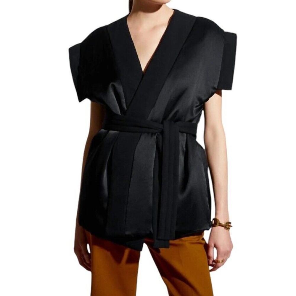 Careste Luna 100% Silk Kimono Top‎ Women Size 20 Black Satin V Neck NO BELT $888